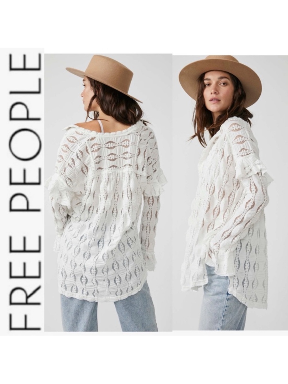 EUC Free People White Lace Candy Shop Boho Long Sleeve Tunic